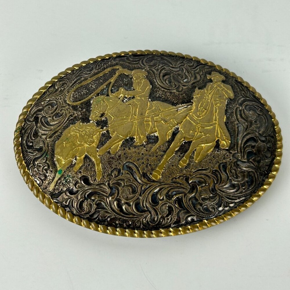 Crumrine Western Belt Buckle Team Roper Oval Brass and Silver Cowboy Lasso Steer